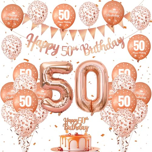 50th Birthday Decorations for Women - Rose Gold 50th Birthday Balloons for Women Including Rose Gold Balloons Confetti Balloon Banner Triangle Flags Cake Topper, Number 50 Helium Balloon for Grandma