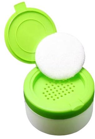 White Plastic Empty Baby Powder Puff Case with Green Sifter Lid Refillable After-Bath Talcum Powder Jar Dispenser Portable Beauty Baby Skin Care Container for Home and Travel