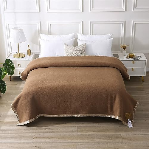 Kobelar Coperta spessa e calda in 100% pura lana neozelandese, morbida, per letto matrimoniale/queen size (colore cammello scuro, 274 x 228 cm)