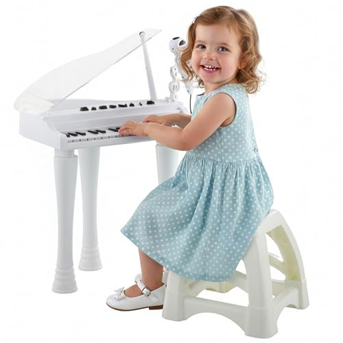AIYAPLAY Pianoforte elettronico per bambini a 32 tasti con microfono sgabello luci 22 canzoni 4 suoni gambe staccabili e volume regolabile 37x30,5x60,4 cm bianco