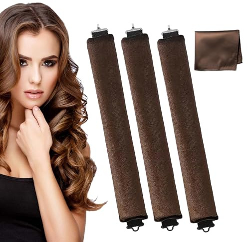 3PCS Heatless Overnight Hair Curlers with Headband Wrap,Heatless Blowout Rods,Heatless Curling Rod,Heatless Blowout Rods,Flexible Hair Curlers for All Hair Types,Big Waves,DIY Hair Styling Tools,Brown
