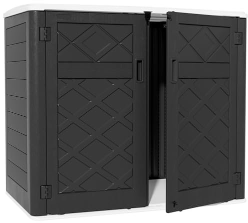 ZZM Large Outdoor Storage Shed, 48 Cu Ft Resin Versatile Storage Cabinet for Patio Accessories, Trash Cans & Garden Tools, Durable Horizontal Storage Box with Lockable Lid (Black)