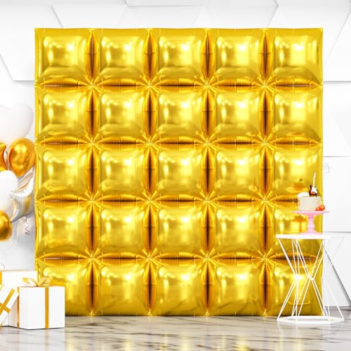 NISOCY 25PCS Gold Square Foil Balloons Wall Backdrop Metallic Double Sided Gold Christmas Balloons Tunnel Arch Kit for New Year Birthday Anniversary Graduation Party Decorations