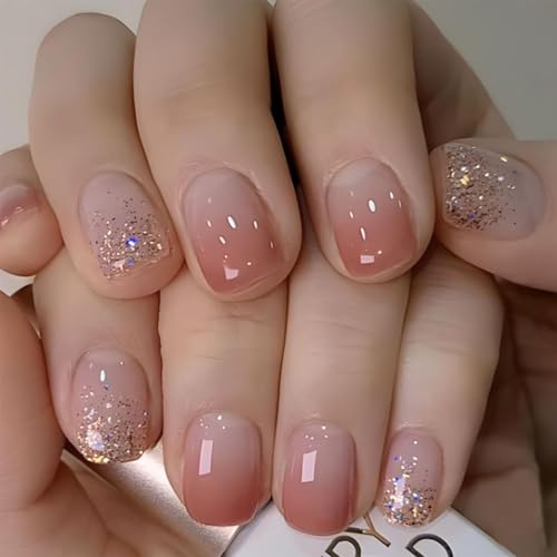 Yamobi 24 Stück Blush Nägel zum Aufkleben Kurz, Press on Nails für Frauen,Künstliche Fingernägel, Kunstnägel zum Aufkleben,glänzend,zum Aufkleben der Nägel