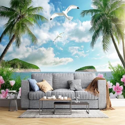 Möwe Palme Fototapete - Grüne Landschaft - Größe 400X280Cm (Breite X Höhe) Wandtapete Tapete, Wandbild Wandtattoo Dekoration - Tapete, Kinderzimmer, Kindertapete