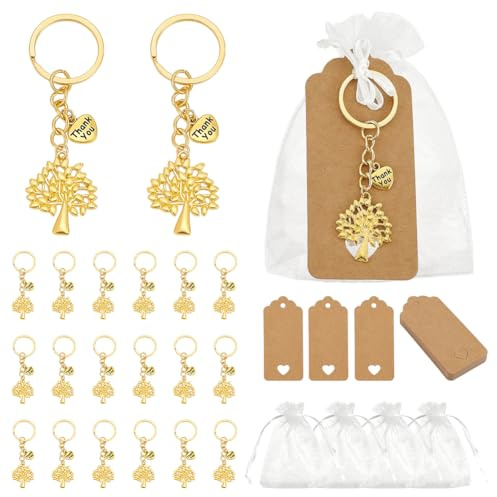 PH PandaHall 24 Sets Baum des Lebens Schlüsselanhänger Favors Hochzeit Favors Organza Geschenkbeutel mit Blanko Tags Taufe Gefälligkeiten Kleine Mesh-Taschen für Hochzeit und Feiern
