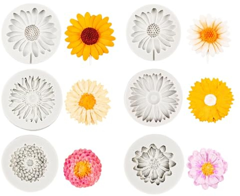 6 Pack Flower Silicone Mold, Flower Shape Moulds Daisy Cake Fondant Molds 3D Flowers Mould for Baking Cake Decorating Cupcake Topper Chocolate Wax Melts Candy Soap Polymer Clay