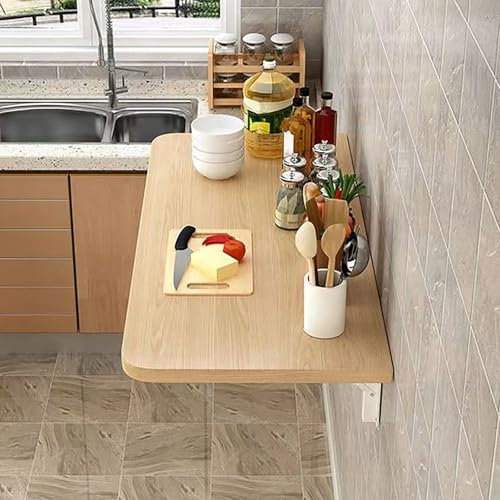 Wandmontierter Holztisch Klappbarer Organizer Tisch, 2 Regalhalterungen Tragkraft 50 kg, Großer Klappbar Wandtisch mit Arbeitsplatte, fur Küche, Balkon, Garage