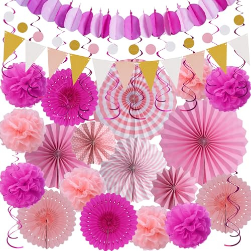 Huryfox Partydekorationen in Rosa – Set mit 33 mexikanischen Papierfächern, Regenbogen-Papierquasten, Wimpelkette und Seidenschlangen für Geburtstag, Festival und Partys