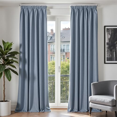 TOPICK Gardinen mit Kräuselband 100% Verdunklungsvorhänge Vorhänge Blickdicht Wohnzimmer Schlafzimmer modern Thermovorhang, H245xB140 cm Blackout Curtains Fenster Gardine Landhausstil 2er Set Blau