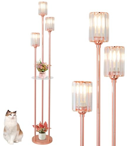 Rayofly Modern Floor Lamp with Shelves, 3-Lights Rose Gold Floor Lamps for Living Room, Crystal Standing Lamp with Glass Lampshades & Foot Switch, Crystals Standing Lamps for Bedroom, Corner Tall Lamp