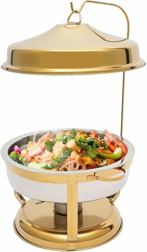 Chafing Dish Set, Stainless Steel Hanging Lid Dining Stove, Buffet, Round, Chafing Food Pan Buffet Warmer for Party, Restaurant, Hotel~,Gold