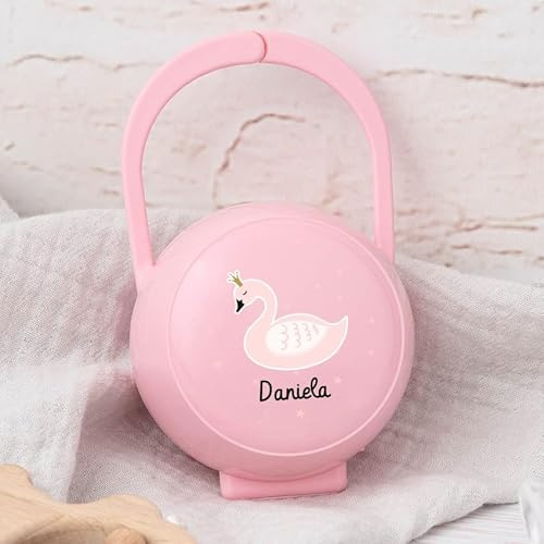 Wanapix | Personalisierte Schnullerbox für Babys | Schnulleraufbewahrung Baby | Schnullerhüllen | BPA-frei | Schwan Rosa