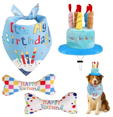 NVGVUP Set di 4 giocattoli di compleanno per cani, giocattolo per cani che scricchiolano, regolabile, cappello di compleanno per cani, bandana, ossa di compleanno, peluche, per cani di taglia piccola