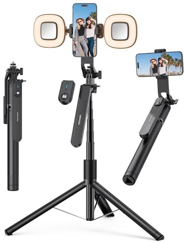TECKNET Phone Tripod with Light,180cm Extendable 6-in-1 Selfie Stick | Portable Travel Tripod Stand with Wireless Remote,360° Rotating & Anti-Shake for iPhone/Android/Samsung/Camera