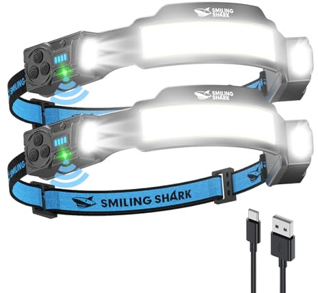 Smiling Shark TS-4 Lampada Frontale LED, Torcia da Testa Ricaricabile 2400mAh 2 Proiettori Orientabili & Luce Inondazione & Strobe Headlamp con Sensore di Movimento per Camping Jogging Corsa (2 PACK)