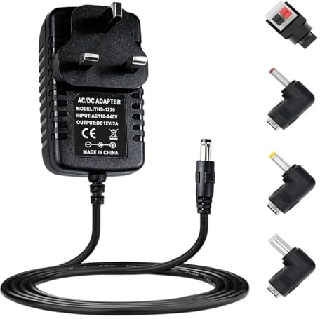 12V 2A Power Supply Adapter 5.5mm x 2.1mm 110-240V AC to DC Universal Charging Adapter 24W 50-60Hz Charging Cable with 4 Selectable Adaptor Tips for LED Strip Lights Monitor Router CCTV Camera, 1M