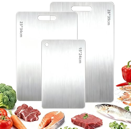 3 Pezzi Tagliere in Titanio, Tagliere da Cucina in 316 Acciaio Inossidabile Doppia Faccia per Alimenti, Facile da Pulire, Lavabile in Lavastoviglie per Carne, Verdura e Frutta