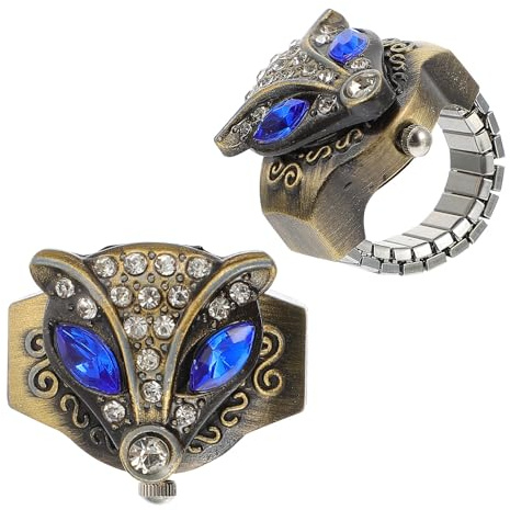 ifundom 2 Stück-pack Vintage Damen Herren Fingeruhren Ring mit Elastischem Band Fuchs Design Aufklappbare Ringuhr Alltagsschmuck