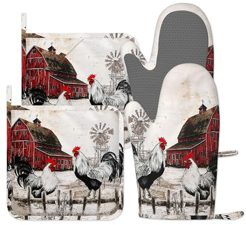 Rooster Oven Gloves Silicone Oven Mitts and Pot Holders Sets of 4, Vintage Kitchen Gloves Hot Holders for Kitchen Baking Cooking Housewarming Gifts