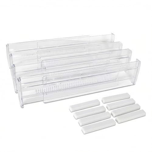 Naapesi Separadores de Cajones Ajustables - Organizador Cajones Cocina y Baño - Divisores Extensibles de Plástico Transparente para Ropa, Cubiertos y Maquillaje(Pack de 4)