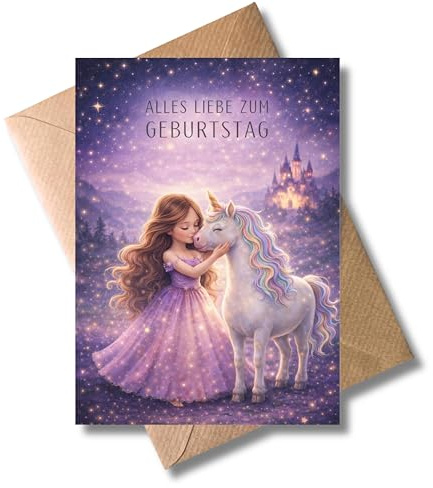 WBdesignz Geburtstag Karte Mädchen - süße Glückwunschkarte mit Umschlag - magische Gratulationskarte mit Prinzessin, Einhorn, Schloss - für Tochter, Enkelin, Schwester, Kinder, Freundin (DIN A6)