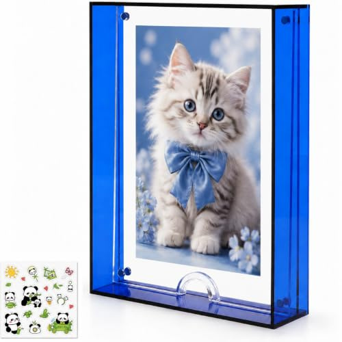 Marco de Fotos Acrílico Magnético Azul, Floating Frame Transparente de Acrílico Grueso, Marco Moderno de Escritorio para Decoración de Mesa y Fotos hasta 5.7 × 7.7 Pulgadas