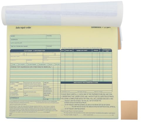 Artibetter Formularios duplicados sin papel carbón para órdenes de reparación de vehículos, libro de facturas de servicio de taller mecánico de 8.5 x 7.4 pulgadas con tabla de registro de piezas