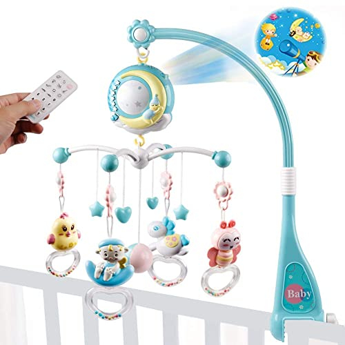 Mini Tudou Móvil para cuna de bebé cuna con musica y luces, función de temporización, Proyección, quitar el sonajero y caja de música, para bebes chicos Niñas pequeñas (azul)