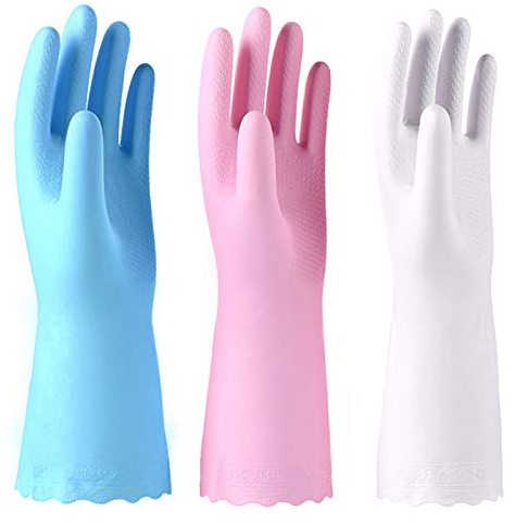 Alimat PluS 3 Pack Reusable Cleaning Gloves Latex Free - Dishwashing Gloves with Cotton Flock Liner and Embossed Palm - Waterproof Household Gloves for Laundry, Gardening (Large)