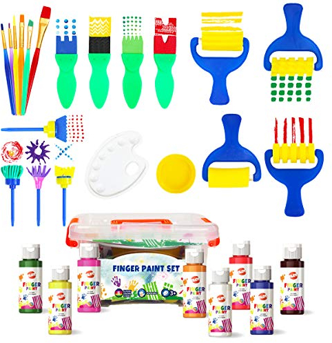 BLOT Fingerfarben Kinder Ungiftig Waschbares Fingermalfarben mit Pinsel Schwämme in Tragbarer Koffer für Kleinkinder Kindergarten Schule Frühes Lernen