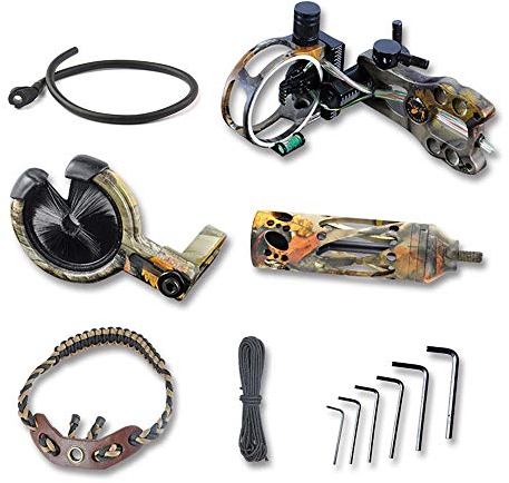SHARROW Bogenschießen Zubehör Set Compoundbogen Upgrade Combo, Inklusive 5-pin Bogen Visier, Pfeilauflage, Bogen Stabilisator, Peep Sight, Bogenschlinge, D-Loop, Schraubenschlüssel (Camo)