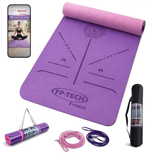 FP-TECH TAPPETINO DA YOGA IMBOTTITO ANTISCIVOLO FITNESS PILATES GINNASTICA IN TPE MAT CON SACCA 183 X 68 X 0.8 CM (Viola-Rosa)