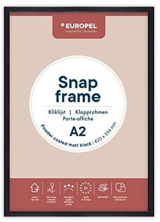 EUROPEL leichte Klapprahmen DIN A2 mattschwarz pulverbeschichtet, Easy-Click System, Profil 25x11 mm, eloxierte Aluminium und blendfreie Schutzfolie, Außenmaß 451x625 mm, grau Polystyrol Rückseite