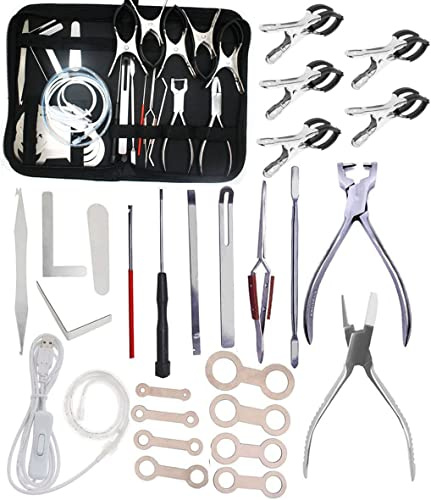Jiayouy 26-teiliges Saxophon-Reparatur-Werkzeug-Set mit LED-Licht, Federhaken und Schlüsseleinkerbung, Nivellierpad und Federzange, Reparaturwerkzeug für Saxophon, Flöte, Holzblasinstrumente