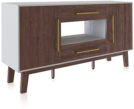 BELLEZE Mesa auxiliar moderna Mid-Century con dos cajones y armarios cerrados, aparador buffet para cocina, sala de estar o pasillo, Tristan (nogal oscuro)