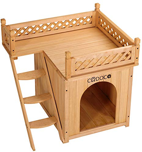 CADOCA® Tierhaus FSC®-Zertifiziert Kiefer 65x55x54cm 2-stöckig Treppe Sonnenterrasse Katzenhaus Katzenhütte Hundehütte Katzenvilla Lodge Balkon