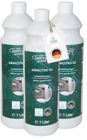 Lorito Sanicitro 3 x Sanitärreiniger Konzentrat 1L, Kalkreiniger | Öko-Reiniger zertifiziert mit EU-Ecolabel, Badreiniger gegen Kalk, Urinstein und hartnäckigen Schmutz, Made in Germany