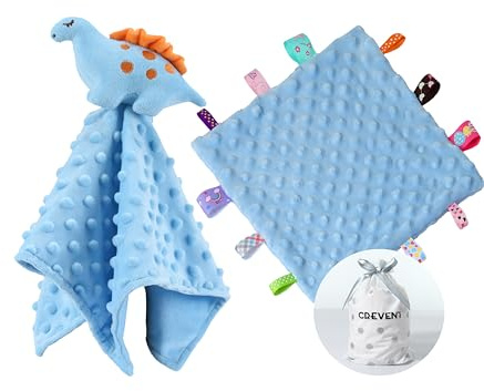 CREVENT Mysig, plysch, baby, snuttefilt för babypojkar, utstickande prickar på framsidan + sherpa-baksida med djuransikte (blå dinosaurie + etikett)