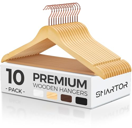 Smartor Wooden Hangers 10 Pack, Solid Wood Coat Hanger for Closet, Heavy Duty Wood Hangers for Suits, Shirts, Dresses, with 360° Rose Gold Hook, Non Slip Pant Bar, Natural