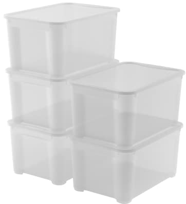 Keter Set di 5 Contenitori in Plastica con Coperchio T Box L, Trasparenti, Ideali per Vestiti e come Portaoggetti, Adatti per Armadi e Garage, 47 L, 55x39x28H cm