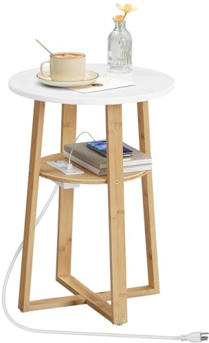 HOOBRO Round Side Table with Charging Station, Round Accent End Table with Bamboo Legs for Living Room, Bedroom, White and Natural YW101UBZ01