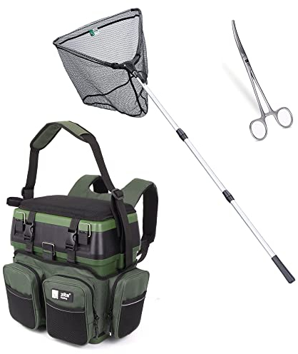 Zite Fishing Angel-Zubehör-Set | Multi-Angel-Koffer-Rucksack | 4 Tackleboxen im Deckel | Teleskop-Kescher gummiert | 2,10m Unterfang-Kescher | 18cm Hakenlöse-Zange