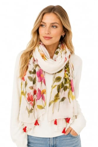 YOUR SMILE Large Boho Scarf for Women Lightweight Floral Printed Scarves Fall Winter Fashion Fringed Shawl wraps (08 White/Pink Floral)