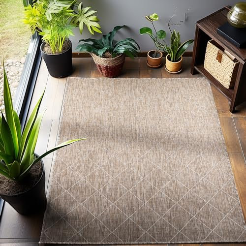 Carpetsale24 In- & Outdoor Wetterfest 80 x 250 cm Läufer Rauten Design Beige - Teppich Waschbar, Wasserfest, Flachgewebe und Pflegeleicht - Ideal für Balkon, Garten, Terrasse und als Küchenläufer