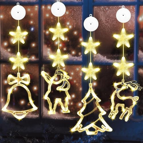 VEEKAY 4er Set LED Weihnachtsbeleuchtung, Saugnapf Weihnachten Lichter,8 x Stern +4 x Weihnachtselemente,Warmweiß Lichtervorhang mit Saugnäpfe,Timer,Batteriebetrieben,für Weihnachtsdeko