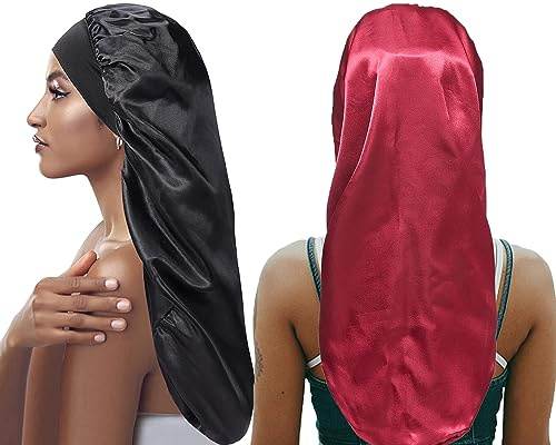 Chenivesss 2 Stück Lange Satin Schlafmütze 27 Zoll, Extra Lange Schlafhaube für Damen, Große Satin Haarhaube für Langes Lockiges Haar, Weiche Seidige Schlafmütze zum Schlafen (Schwarz)