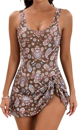 Traje de baño de una Pieza Floral de Mujer Bikini de Playa Jupette Marrón Retro con Dobladillo Dividido Sexy Traje de baño Slim XXL