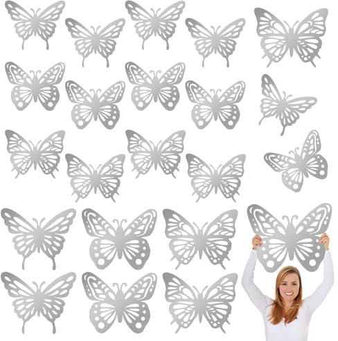 JSRQT 18 Pezzi Adesivi Murali Farfalle 3D Grandi, 2 Taglie 3 Stili Decorazioni per Feste Kit Decorazioni Murali Farfalla Adesivi Murale Decorazione per Compleanno Matrimonio Baby Shower (Argento)