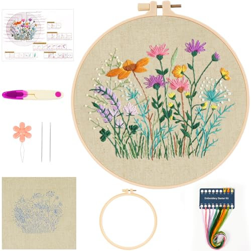 Stickerei Set Anfänger, Blumenmuster Pflanzen Stickset Erwachsene Kreuzstich Vorgedruckt, Kreuzstich Starter Set mit Stickereistoff, Anleitung, Stickrahmen, Farbfäden und Werkzeuge für Handwerk